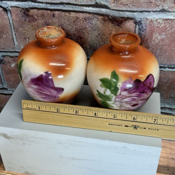 Set of 2 Antique 1900-1920's Fostoria Milk Glass Bulbous Vases Hand-Painted Rose - Picture 11 of 11